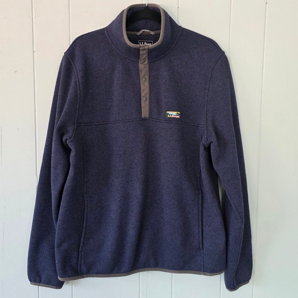 LL Bean Mens Sweater Fleece Pullover Navy Blue Snap Neck Mock Neck Large 298050